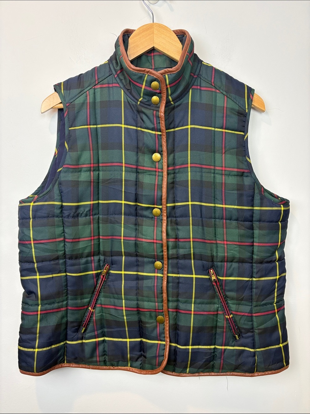 Lauren Ralph Lauren Green Navy & Yellow Plaid Quilted Vest with Tan Trim